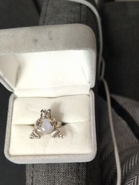 Sterling Silver Frog Moonstone Ring with Blue Topaz Eyes
